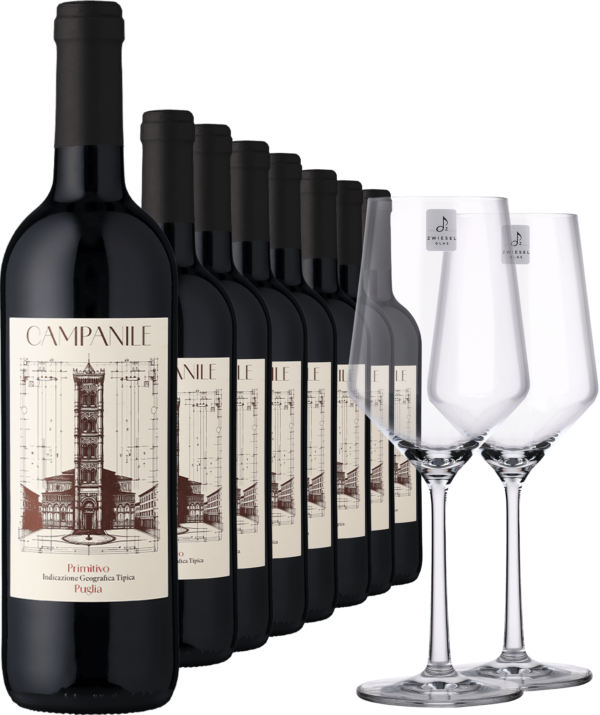 2023 Campanile Primitivo im 8er-Vorratspaket inkl. 2er-Set Zwiesel Glas »PURE«